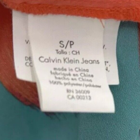 Calvin Klein Firecracker Orange‎ Teal Short Sleeve Chiffon Blouse Sz Small, Boho - Picture 5 of 7